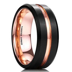 Mens Tungsten Wedding Band 8mm. Beveled Black & Rose Gold Tungsten Carbide Ring